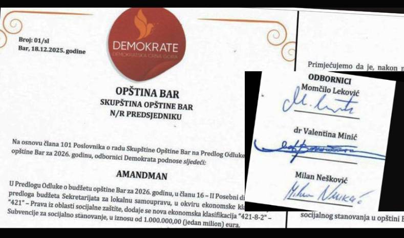 Odbornici Demokrata u SO Bar saopštavaju...